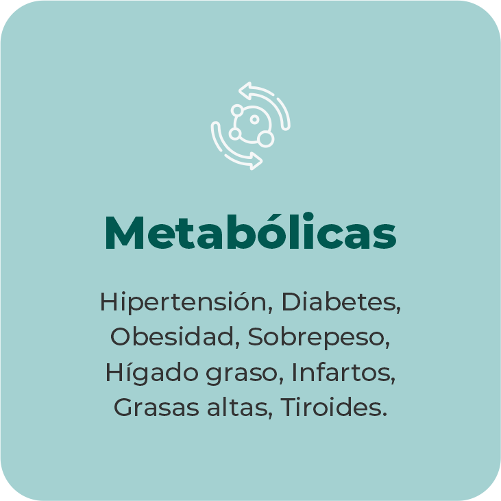 Hipertensión, Diabetes, Obesidad, Sobrepeso, Hígado graso, Infartos, Grasas altas, Tiroides.