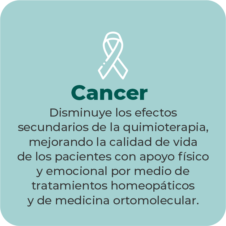Disminuye los efectos secundarios de la quimioterapia, mejorando la calidad de vida de los pacientes con apoyo físico y emocional por medio de tratamientos homeopáticos y de medicina ortomolecular.